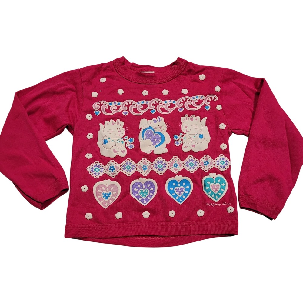 Vtg 90s Stepping Stones Puffy Paint Cat Hearts Girl Crewneck Sweatshirt Large